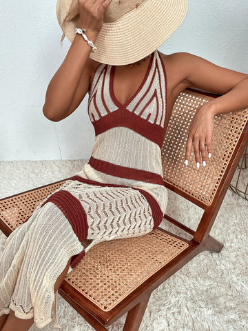 Summer Beach Color Block Slit Knitted Cover Up