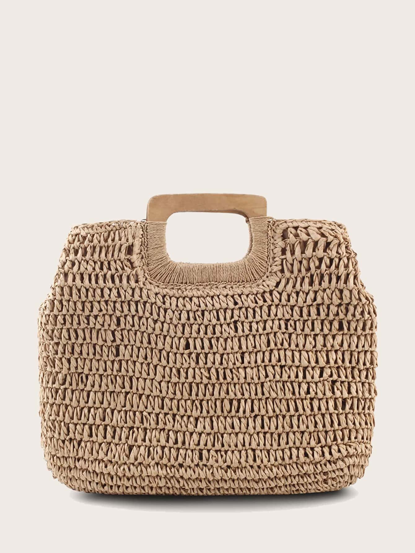 Braided Tote Bag With Wooden Handle