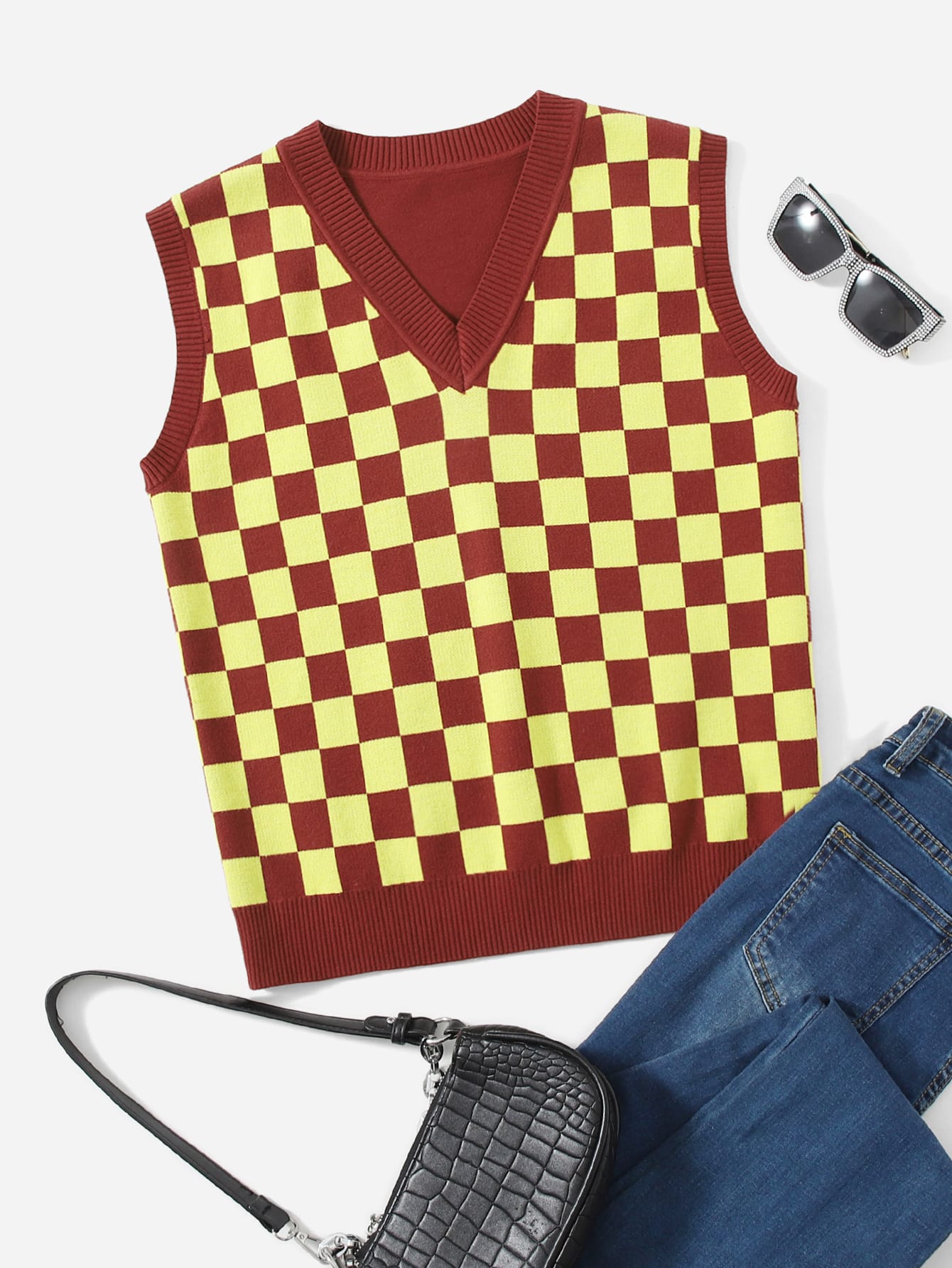 Checked Vest Knit Top