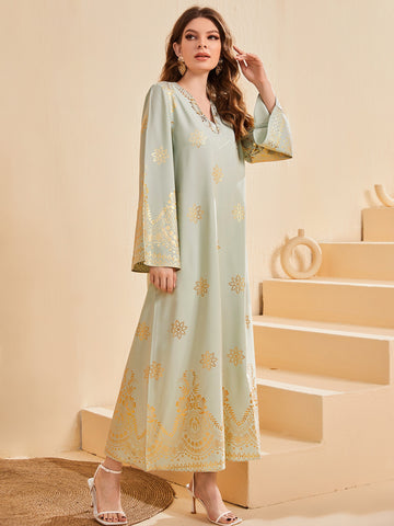 Gold Floral Print Kaftan Dress