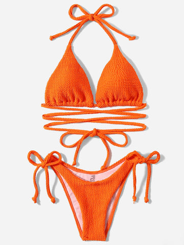 Summer Beach Textured Bikini Set Halter Triangle Bra Top & Tie Side Bikini Bottom 2 Piece Bathing Suit
