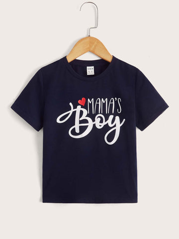 Young Boy Casual Knitted Short Sleeve T-Shirt With Letter Print And Round Neck For Spring/Summer