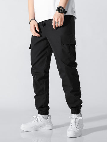 Loose Fit Men's Cargo Pants With Flap Pockets, Side Drawstring Waist