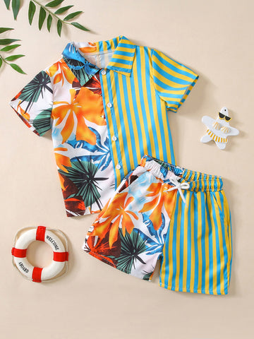 Young Boy Tropical Print Button Front Beach Swimsuit