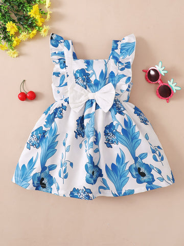 Baby Girl Floral Print Ruffle Trim Bow Front Dress