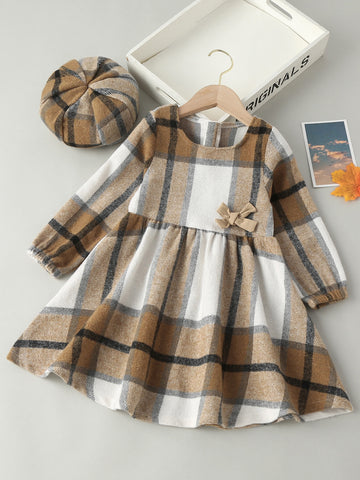 Young Girl Plaid Print Bow Front Wool-Mix Dress With Hat