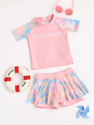 Young Girl 2pcs Letter Print Tie Dye Short Sleeve Summer Vacation Set