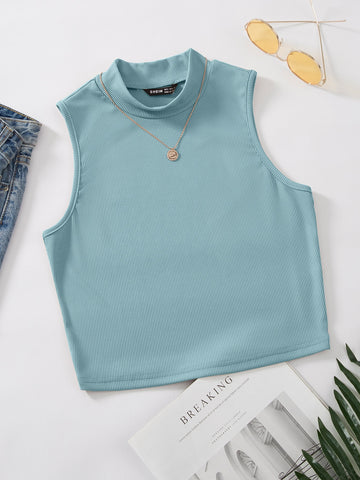 Mock Neck Rib-knit Tank Top Without Necklace