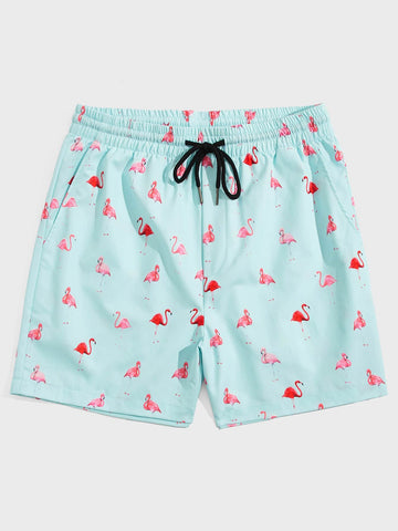 Men Woven Fashionable Casual Beach Shorts With Flamingo Print, Ideal For Surfing And Holiday