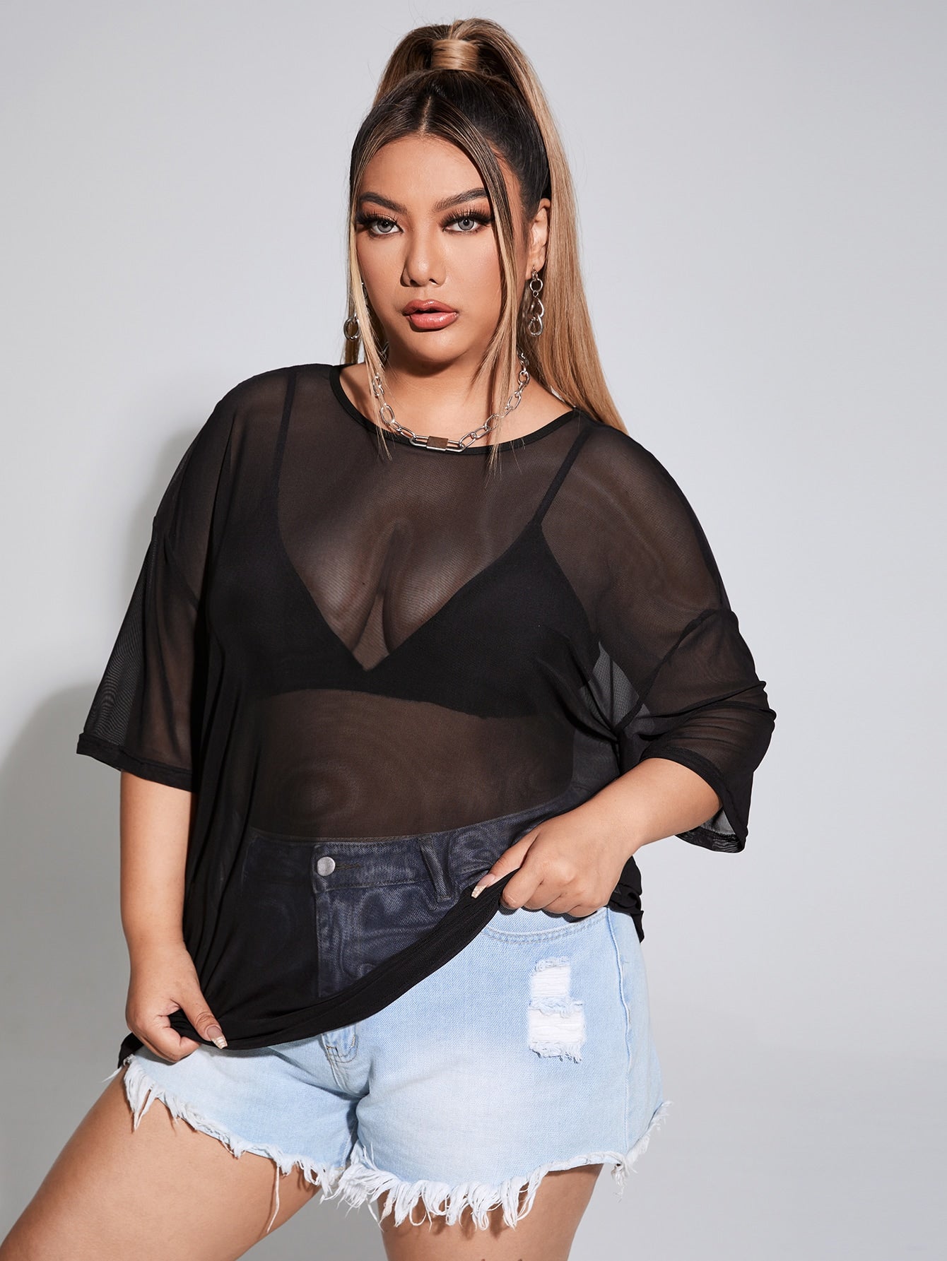 Plus Drop Shoulder See Through Mesh Top Without Bra
