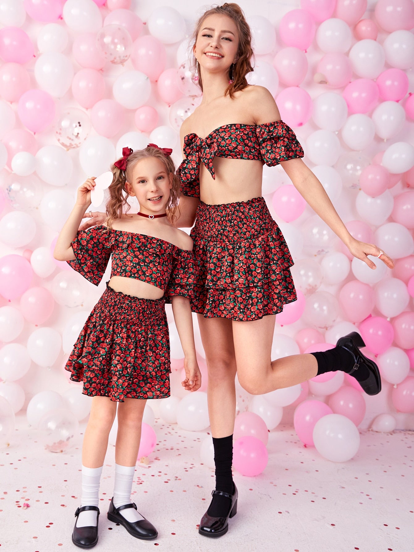 1set Ditsy Floral Tie Front Bardot Top & Shirred Waist Skirt Set