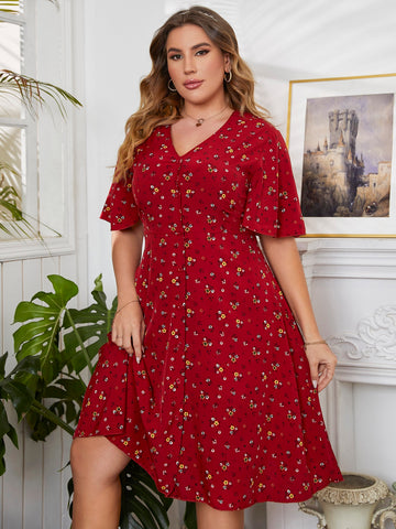Plus Ditsy Floral Butterfly Sleeve A-line Dress