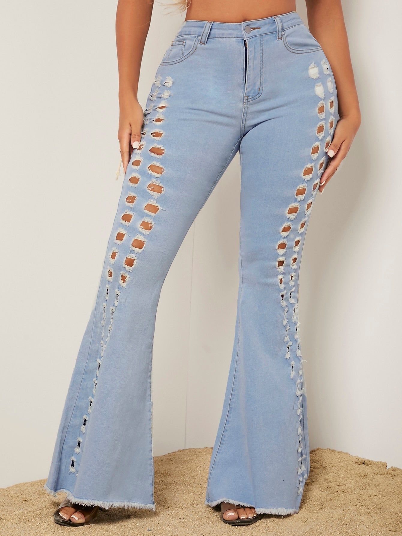 Ripped Cut Out Front Raw Hem Flare Leg Jeans