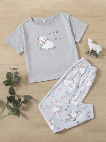 Girls Cartoon Sheep Print Tee And Pants
