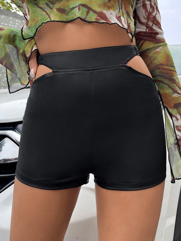 Solid Cut Out PU Shorts