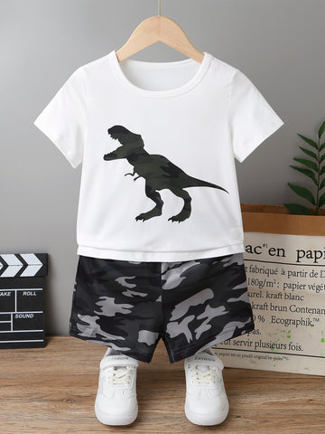 Young Boy Dinosaur Print Tee & Camo Print Shorts