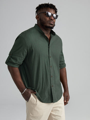 Men Cotton Mock Neck Roll Up Sleeve Shirt