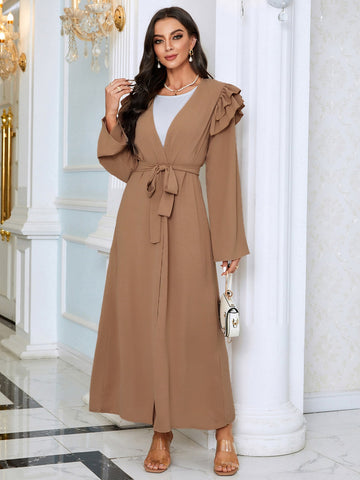Ruffle Trim Open Front Belted Abaya