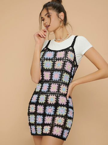 Floral Pattern Open Knit Sweater Dress Without Top