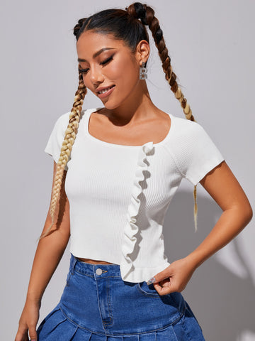Scoop Neck Ruffle Detail Ribbed Knit Top