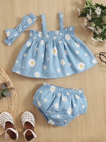 Baby Girl Floral Print Shirred Frill Trim Cami Top & Shorts & Headband