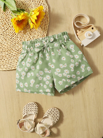 Baby Girl Daisy Print Paperbag Waist Tie Front Shorts