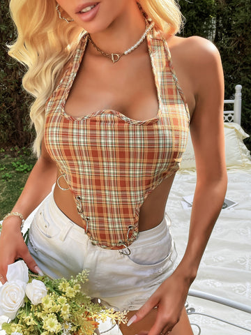Plaid Lace Up O-ring Detail Halter Top