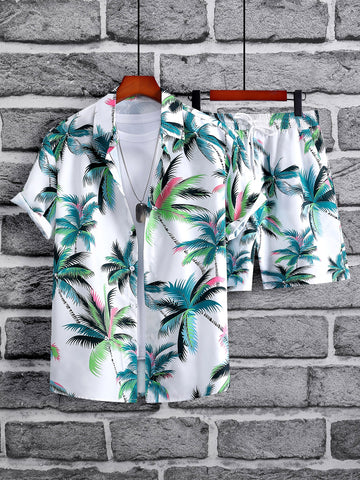 Men Random Tropical Print Shirt & Shorts Without Tee