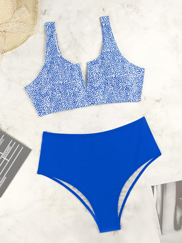 Summer Beach Plus Dalmatian Print Bikini Set V Wired Tank Top & High Waisted Bottom 2 Piece Swimsuit