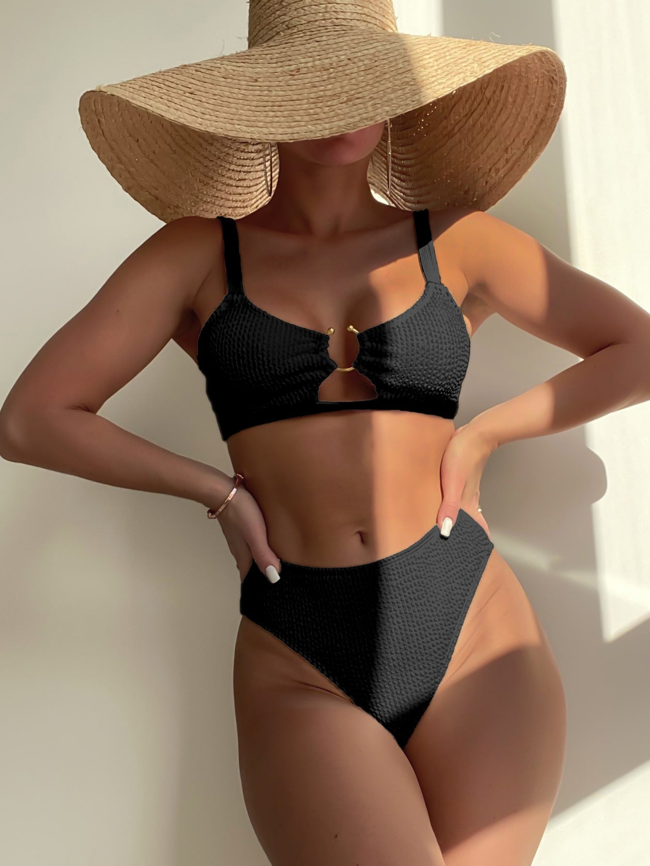 Textured Bikini Set Ring Linked Cut Out Bra Top & High Waisted Bikini Bottom 2 Piece Swimsuit
