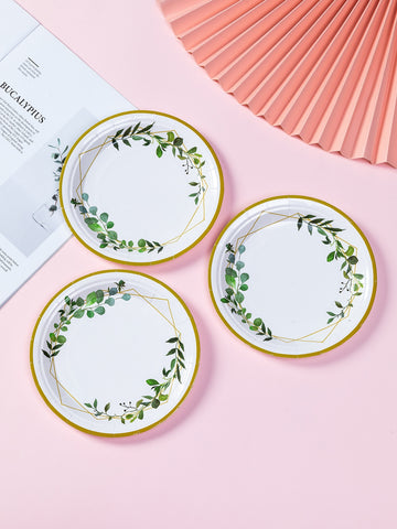 10pcs Leaf Pattern Disposable Plate, Modern Leaf & Line Print Disposable Dinner Plate For Party