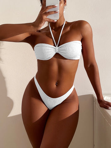 Summer Beach Textured Bikini Set Halter Bra & Bikini Bottom 2 Piece Bathing Suit