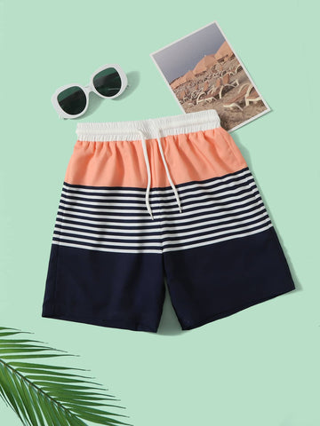 Tween Boy Striped And Colorblock Drawstring Waist Swim Shorts
