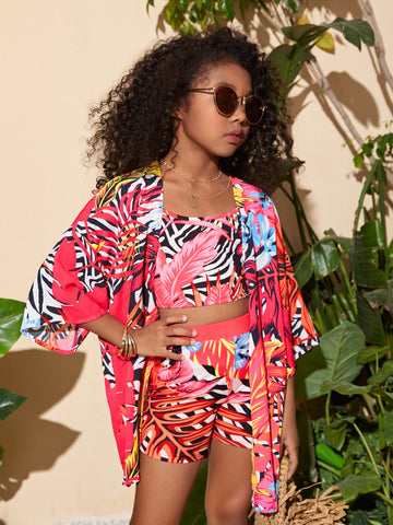 Tween Girl Tropical Print Cami Top & Biker Shorts & Drop Shoulder Kimono