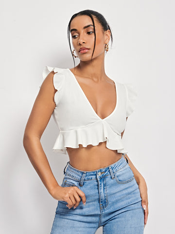 Recycled Polyester Ruffle Trim Solid Crop Top