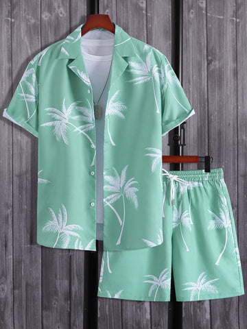 Men Random Palm Tree Print Shirt & Drawstring Waist Shorts Without Tee