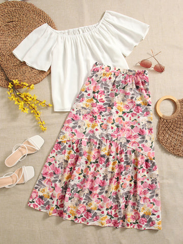 Solid Blouse & Floral Print Ruffle Hem Skirt