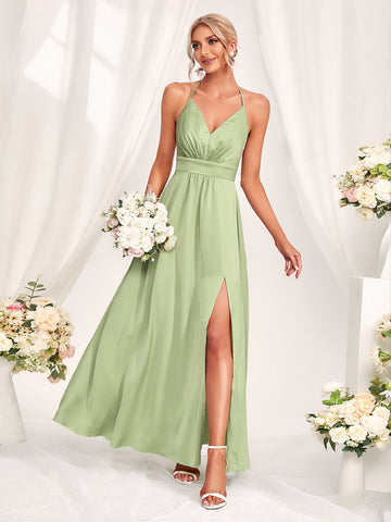 Ruched Bust Backless Split Thigh Halter Bridesmaid Dress