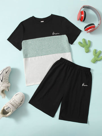 Tween Boy Letter Graphic Colorblock Tee And Track Shorts Set