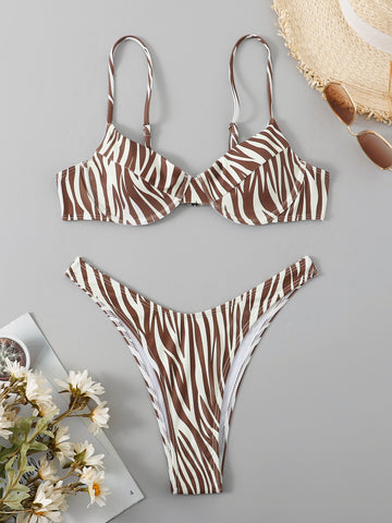 Summer Beach Zebra Stripe Bikini Set Push Up Top & High Cut 2 Piece Swimsuit
