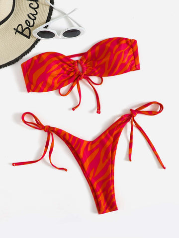 Summer Beach Zebra Stripe Bikini Set Cut-Out Bandeau Bra & Thong Bottom 2 Piece Bathing Suit