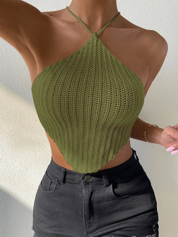 Spring And Summer Casual Solid Color Asymmetrical Hem Backless Halter Knitted Top