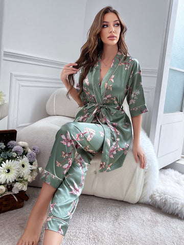 Floral Print Contrast Piping Belted Satin Robe & Pants PJ Set