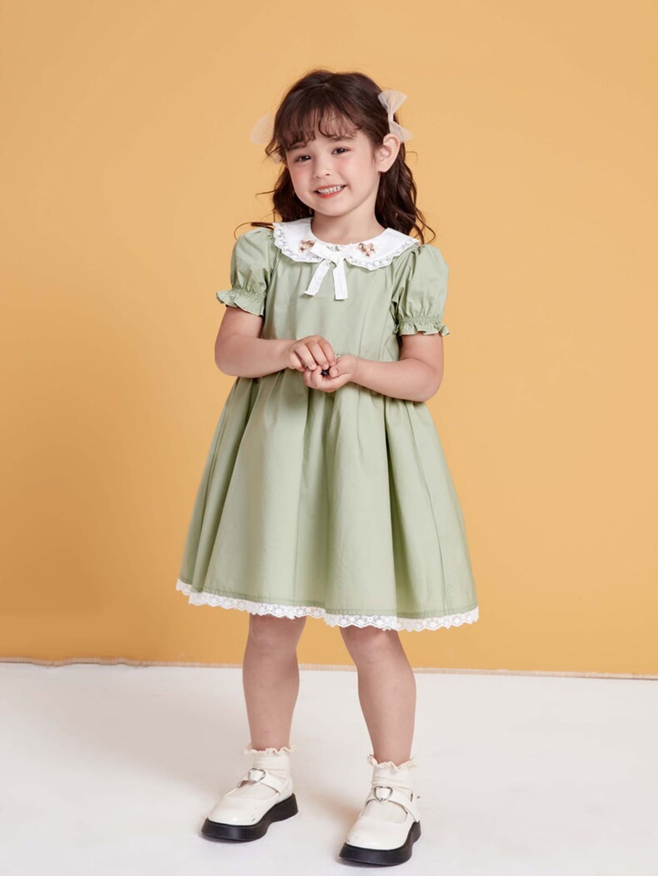 Children's Summer New Solid Color Bow Lace Simple And Versatile Cottagecore Style Doll Collar Young Girl Dress