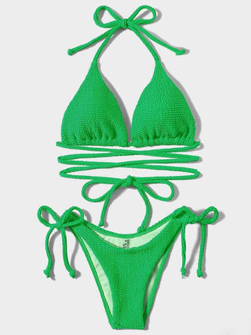 Summer Beach Textured Bikini Set Halter Triangle Bra Top & Tie Side Bikini Bottom 2 Piece Bathing Suit