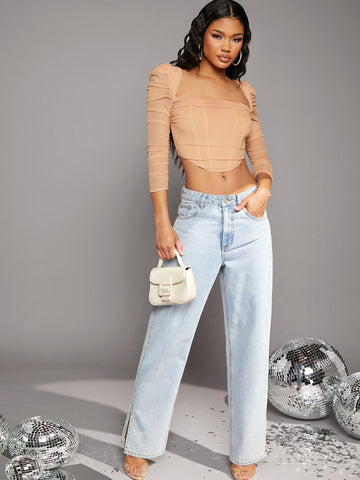 Square Neck Ruched Sleeve Mesh Top
