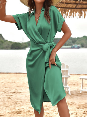 Solid Batwing Sleeve Wrap Satin Dress