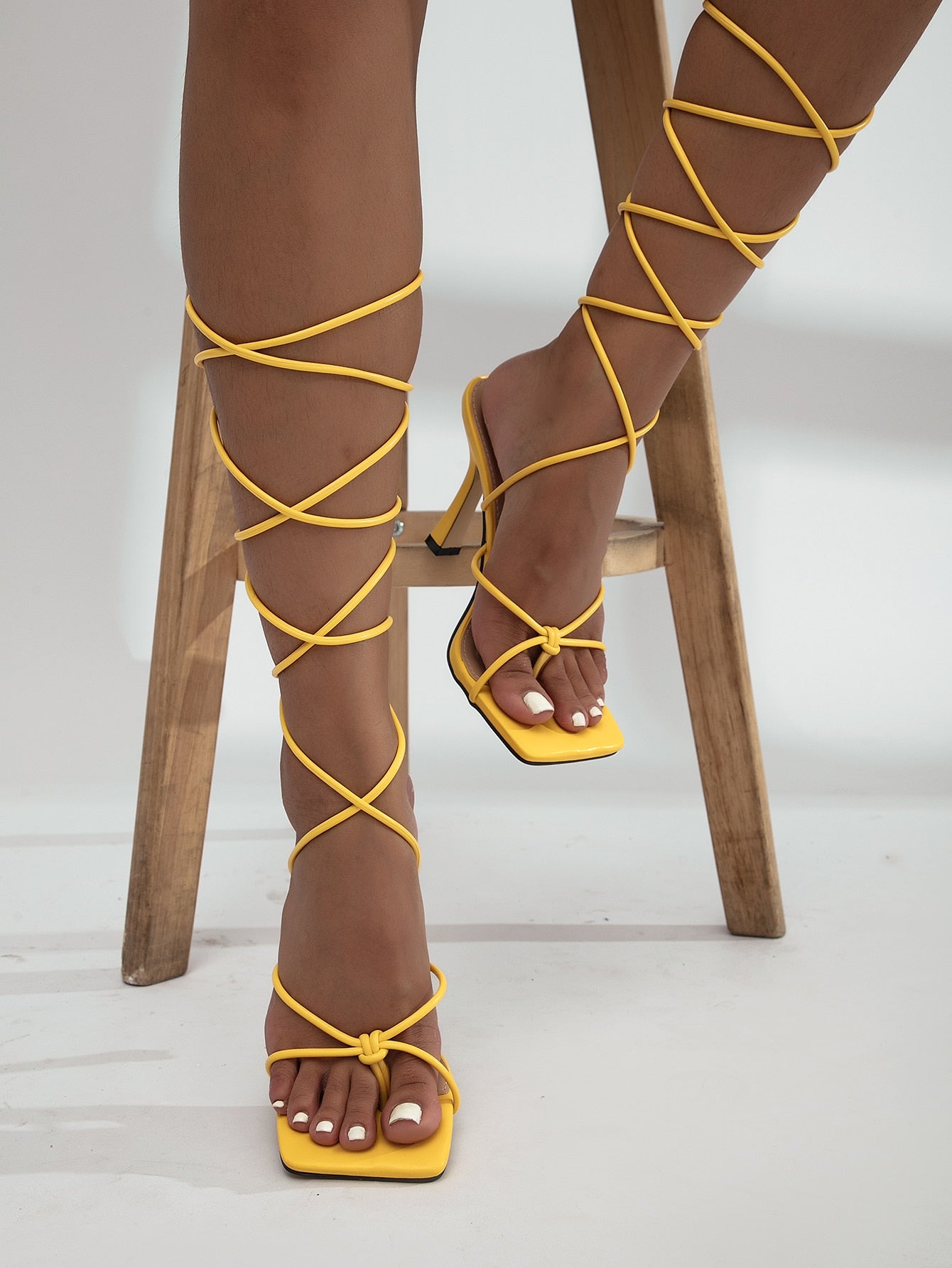 Tie Leg Design Pyramid Heeled Thong Sandals