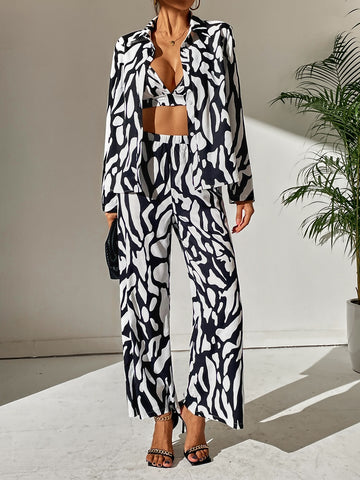 Allover Print Button Front Blouse & Crop Cami Top & Pants