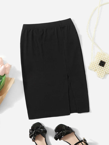 Young Girl Elegant Solid Color Bodycon Side Slit Midi Skirt For Summer